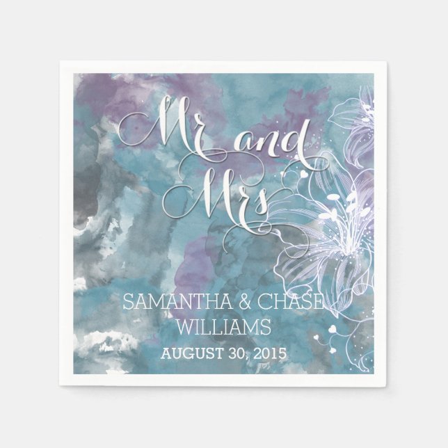 STORM BLUE WATERCOLOR HIBISCUS WEDDING NAPKIN (Front)