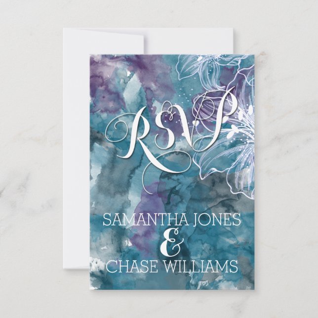 STORM BLUE WATERCOLOR HIBISCUS WEDDING RSVP CARD (Front)
