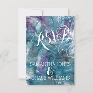 STORM BLUE WATERCOLOR HIBISCUS WEDDING RSVP CARD