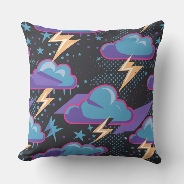 Storm Clouds, Lightning Bolts, and Stars Pattern Cushion (Front)