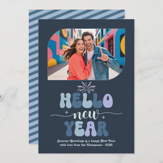 Storm Glow Hello New Year Blue Retro Photo Holiday Card (Front/Back)