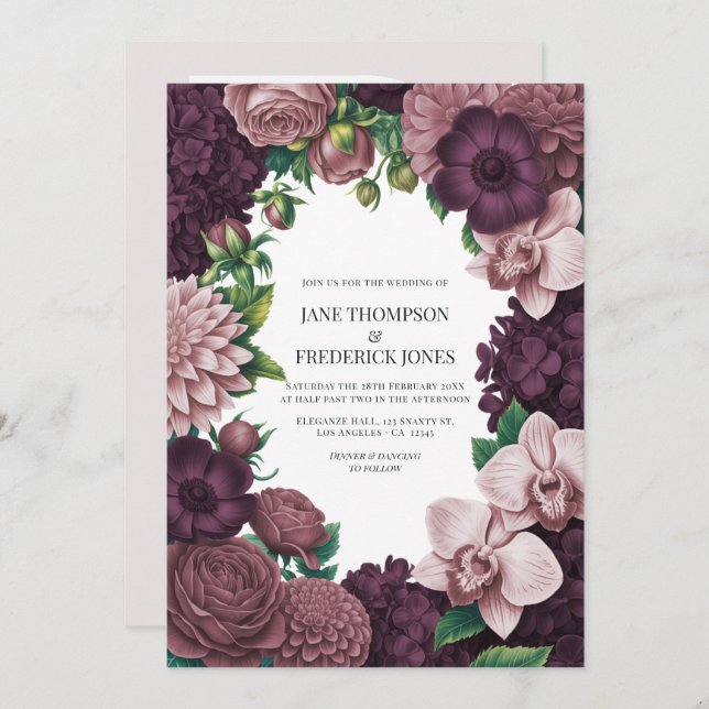 Storm Plum, Graphite Rose & Antique Blush Wedding Invitation (Front/Back)