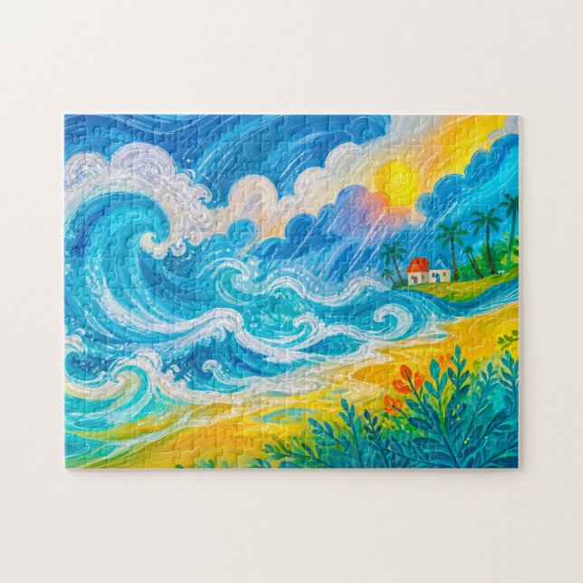 Storm waves crashing near beach house jigsaw puzzle (Horizontal)