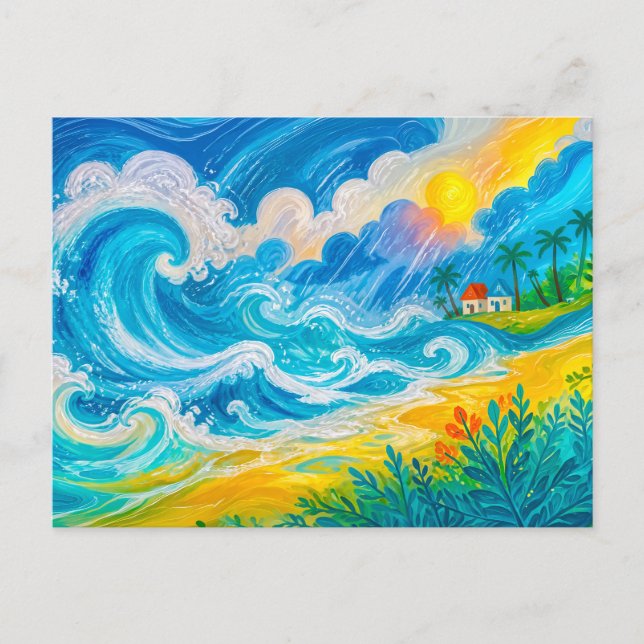 Storm waves crashing near beach house postcard (Front)