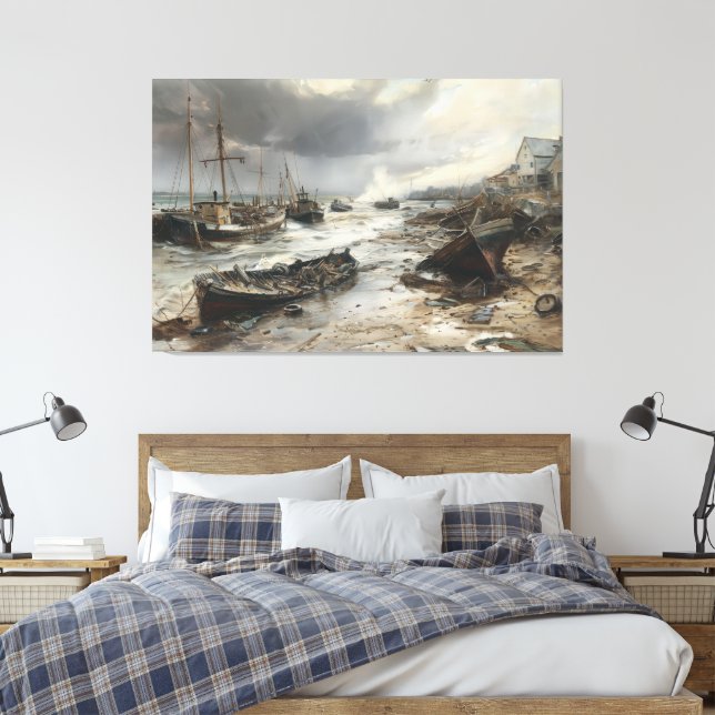 Storm's Wake: Wrecked Fishing Boats Art Canvas Print (Insitu(Bedroom))