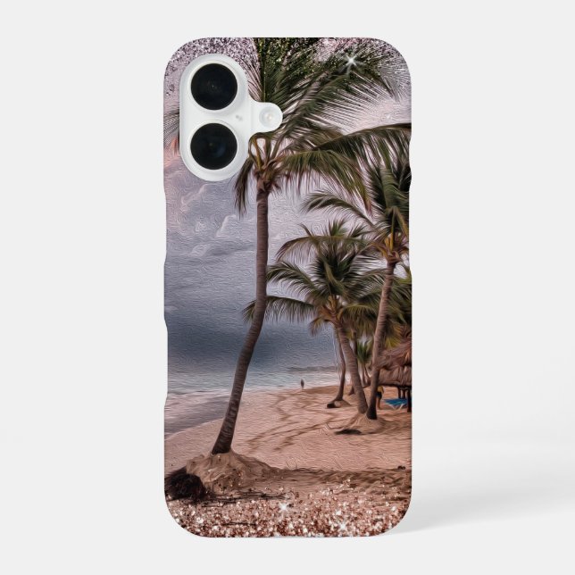 Stormy Beach with Palm Trees iPhone 16 Case (Back)