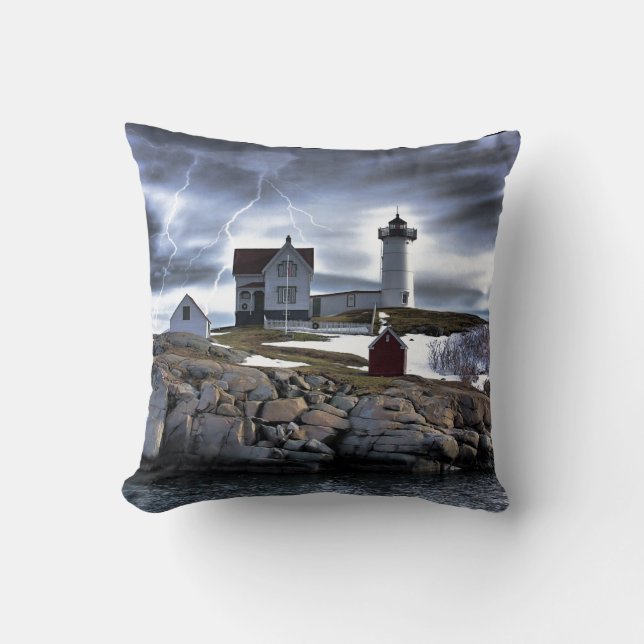 Stormy Cape Neddick "Nubble" light house Cushion (Front)