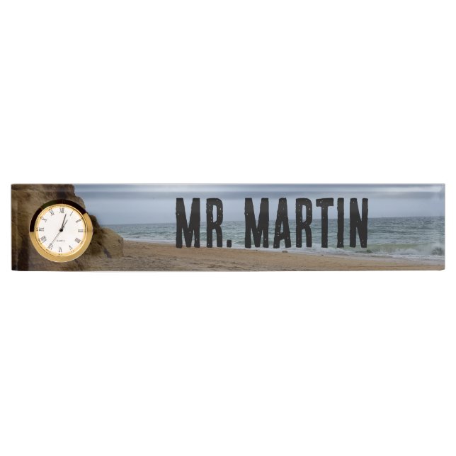 Stormy Cliffside Beach Ocean View Clock Name Plate (Front)