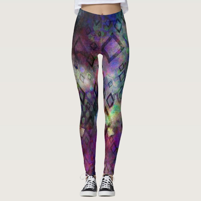 Stormy colourful watercolor abstract w/ diamonds leggings (Front)