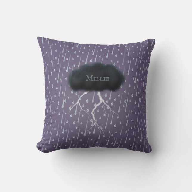 Stormy Day Thunder Cloud & Rain Customised Purple Cushion (Front)