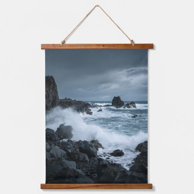 Stormy Gray Rocky Ocean Cliff Tapestry (Front)