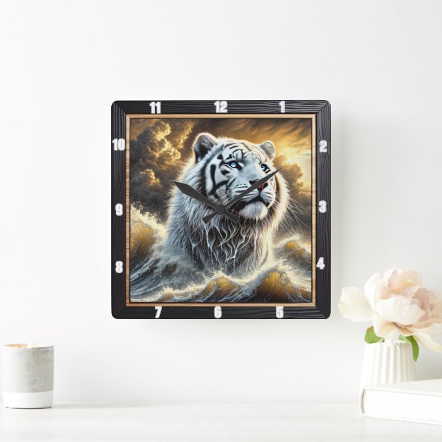 Stormy Ocean Tiger Timepiece Square Wall Clock (Home)