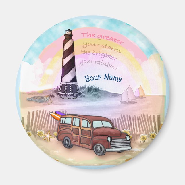 Stormy Rainbow Lighthouse round Magnet (Front)