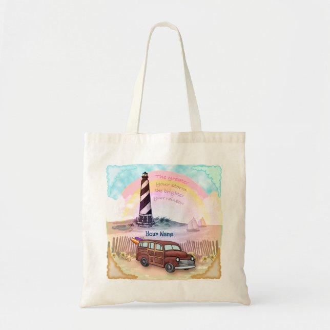Stormy Rainbow Lighthouse  Tote Bag (Front)