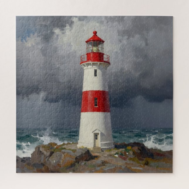 Stormy Red Lighthouse Coastal  Jigsaw Puzzle (Vertical)