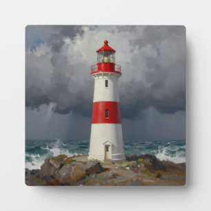 Stormy Red Lighthouse Coastal Plaque