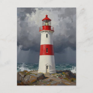 Stormy Red Lighthouse Coastal Postcard
