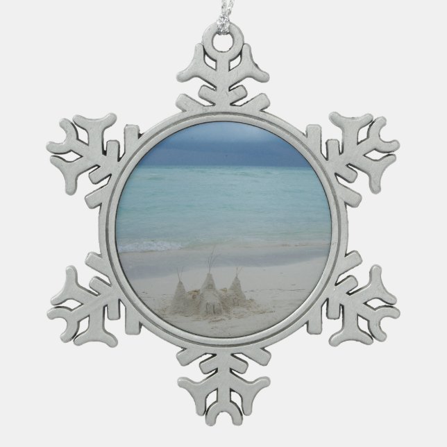 Stormy Sandcastle Beach Landscape Photo Snowflake Pewter Christmas Ornament (Front)