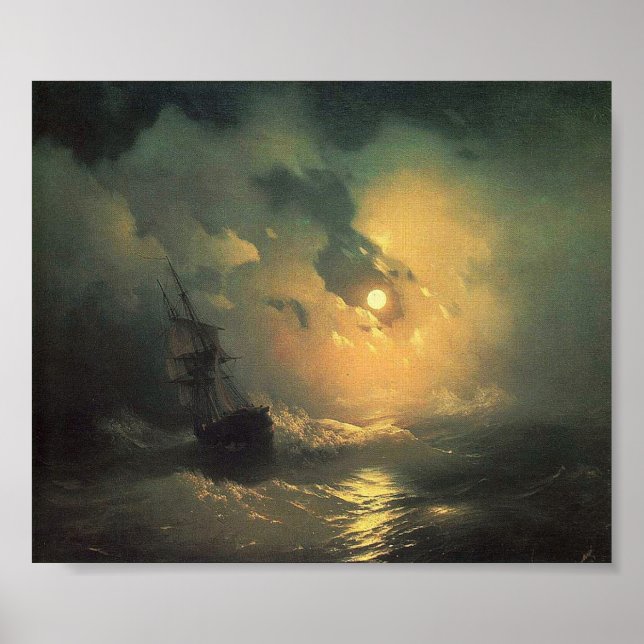 Stormy Sea at Night Seascape Painting Poster (Front)