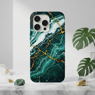 Stormy Sea Green Marble & Gold Cracks iPhone 15 Pro Case