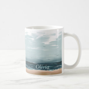 Stormy Sea Waves Beach Flying Gulls  Coffee Mug