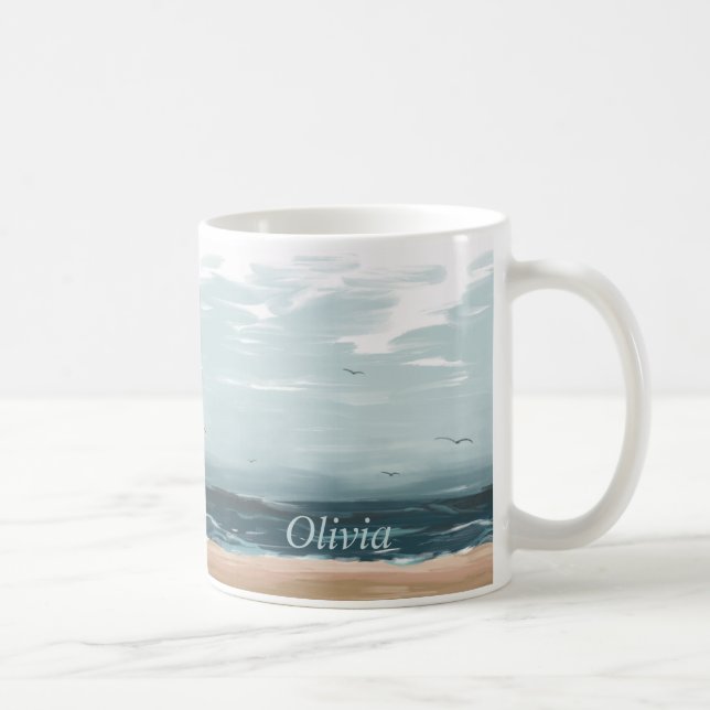 Stormy Sea Waves Beach Flying Gulls  Coffee Mug (Right)