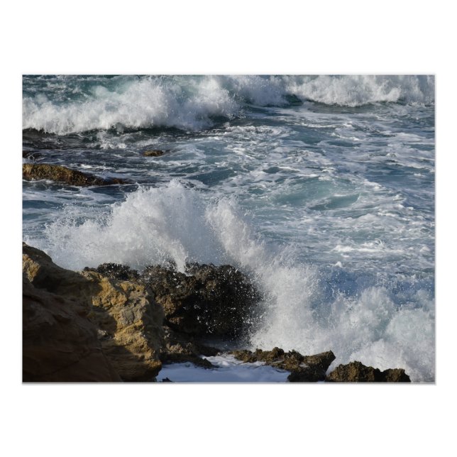Stormy sea, waves crashing on rocks poster (Front)