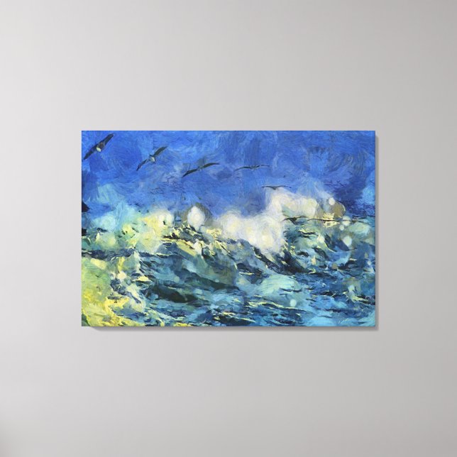 Stormy Sea with Seagulls in Blue and Yellow Canvas Print (Front)