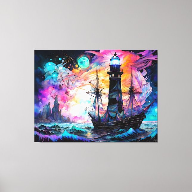 Stormy seas, boat lighthouse Moon Abstract Canvas Print (Front)