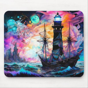 Stormy seas, boat lighthouse Moon Abstract Mouse Mat