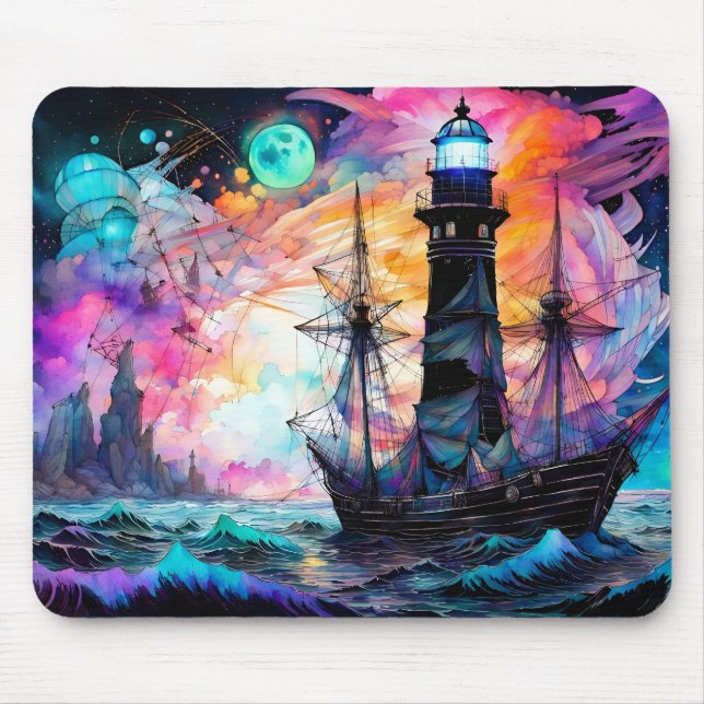 Stormy seas, boat lighthouse Moon Abstract Mouse Mat (Front)