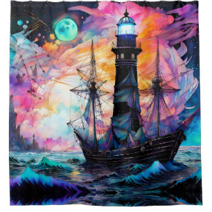 Stormy seas, boat lighthouse Moon Abstract Shower Curtain