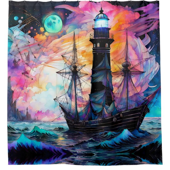 Stormy seas, boat lighthouse Moon Abstract Shower Curtain (Front)