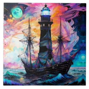Stormy seas, boat lighthouse Moon Abstract Tile