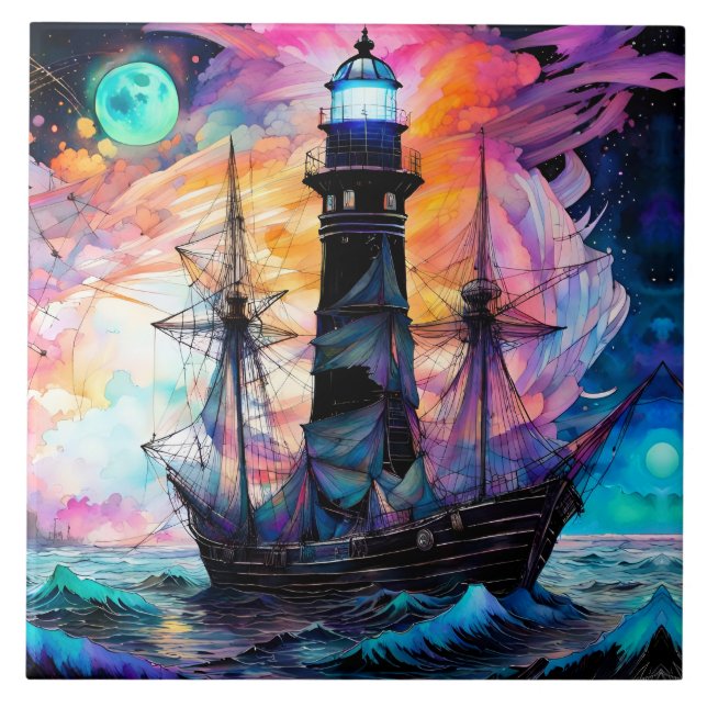 Stormy seas, boat lighthouse Moon Abstract Tile (Front)