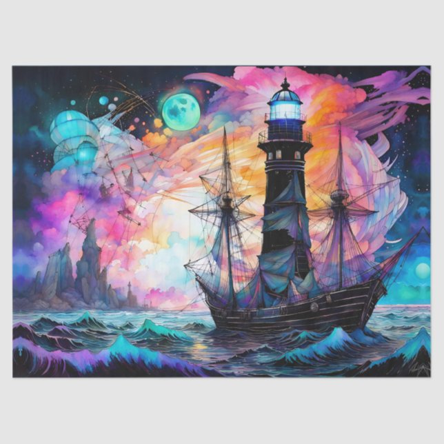 Stormy seas, boat lighthouse Moon Abstract Tissue Paper (Front)