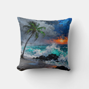 Stormy Serenity:Rain and Wind on a Beach at Sunset Cushion