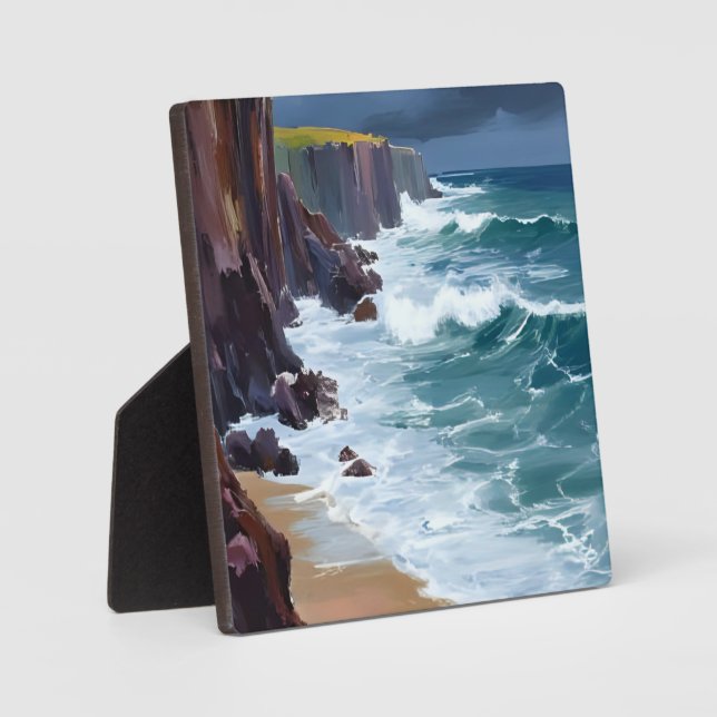Stormy Shore | Beach Ocean Waves Painting Plaque (Front)