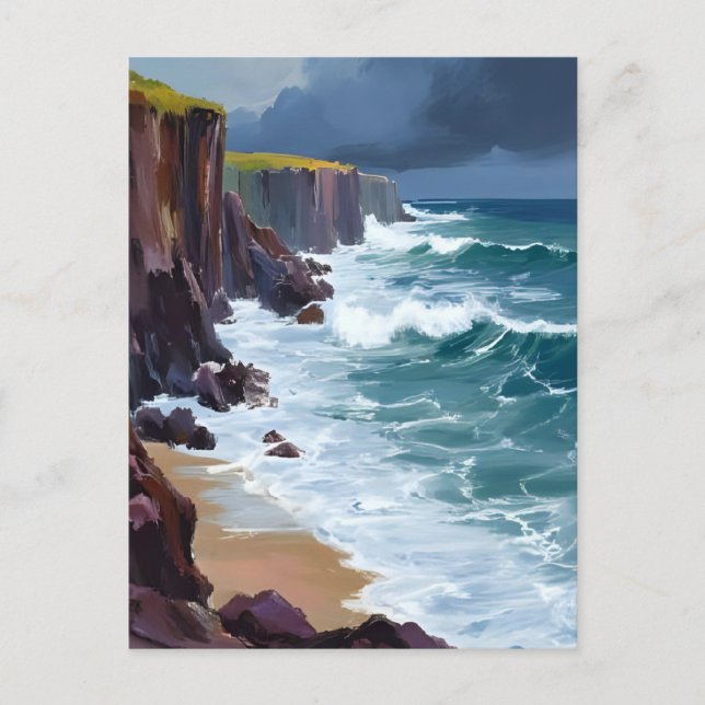Stormy Shore | Beach Ocean Waves Painting Postcard (Front)