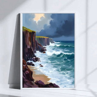 Stormy Shore | Beach Ocean Waves Painting Poster
