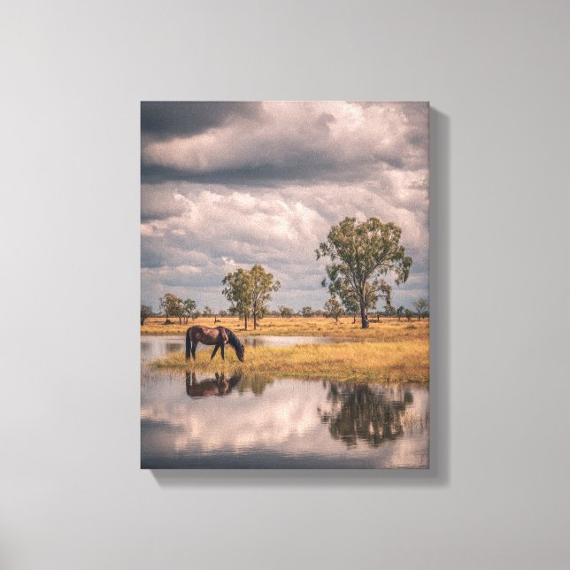 Stormy Sky Horse Pond Reflection Art Canvas Print (Front)