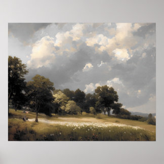 Stormy sky meadow painting - vintage poster