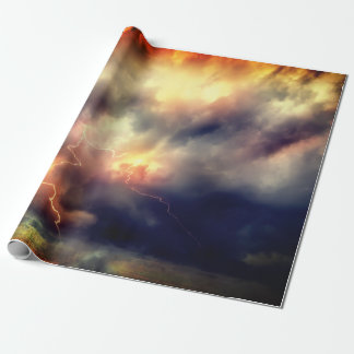STORMY SKY WITH LIGHTNING ORANGE AND DARK BLUE  WRAPPING PAPER