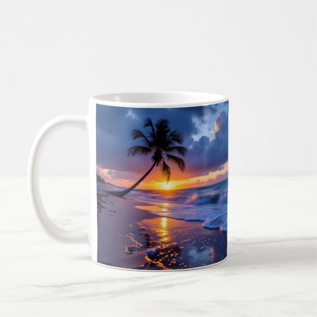 Stormy Sunset Beach Canvas Print | Lone Palm Drama Coffee Mug (Left)