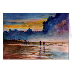 Stormy Sunset Beach Combing Watercolor Seascape