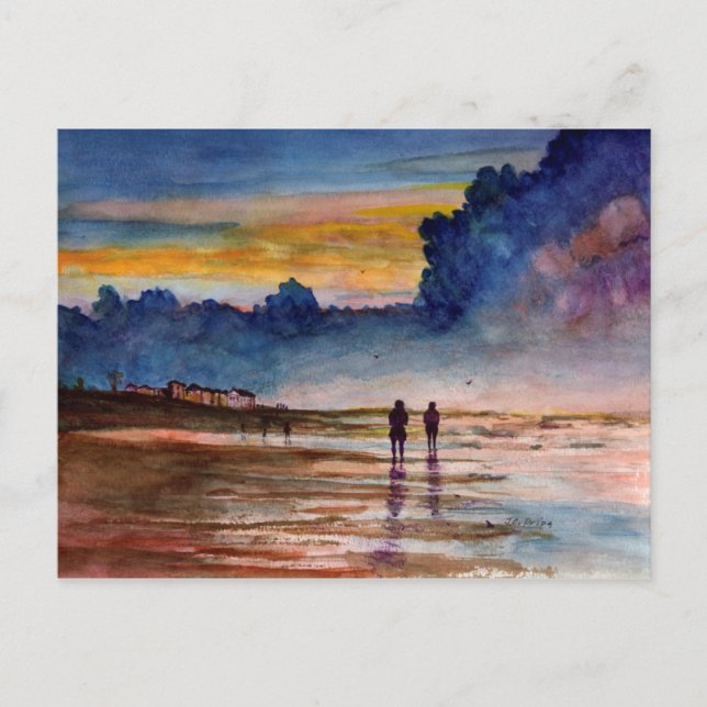 Stormy Sunset Beach Combing Watercolor Seascape Postcard (Front)
