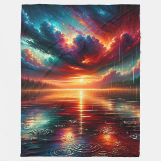 “Stormy Sunset Over Serene Lake” Fleece Blanket