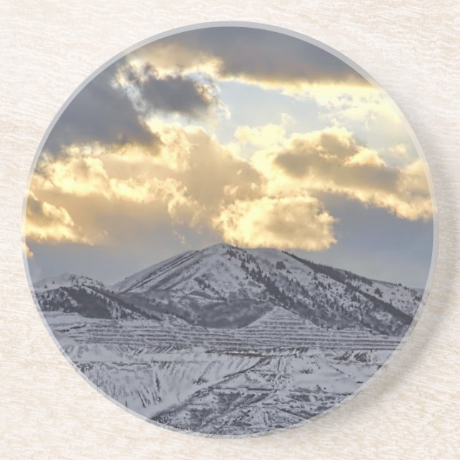 Stormy Sunset Over Snow Capped Mountains Coaster (Front)
