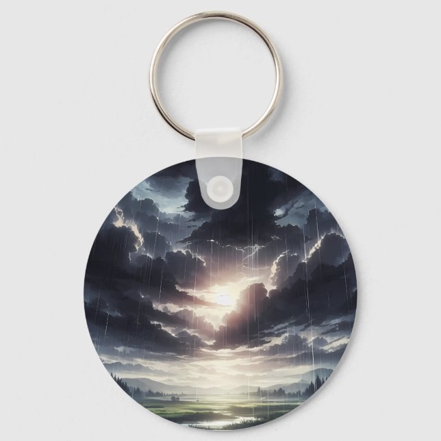 Stormy Sunset Rain Over Serene Valley Key Ring (Front)