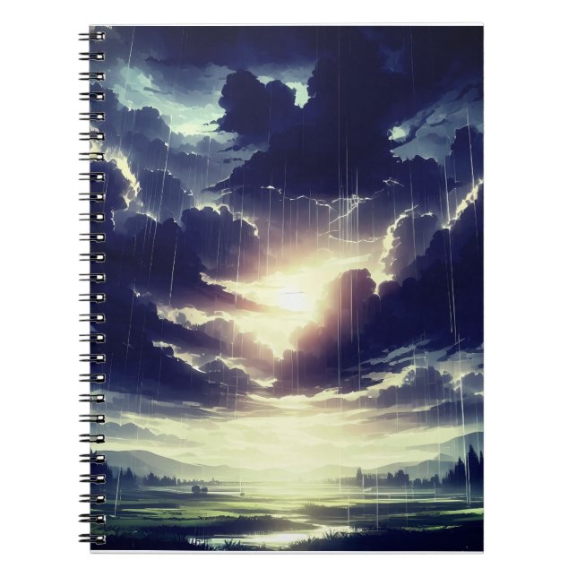 Stormy Sunset Rain Over Serene Valley Notebook (Front)